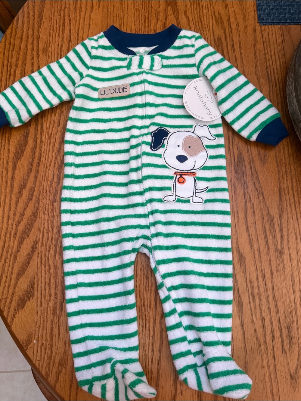 Koala Baby Lil' Dude Green & White Striped Baby Footie with Puppy Applique